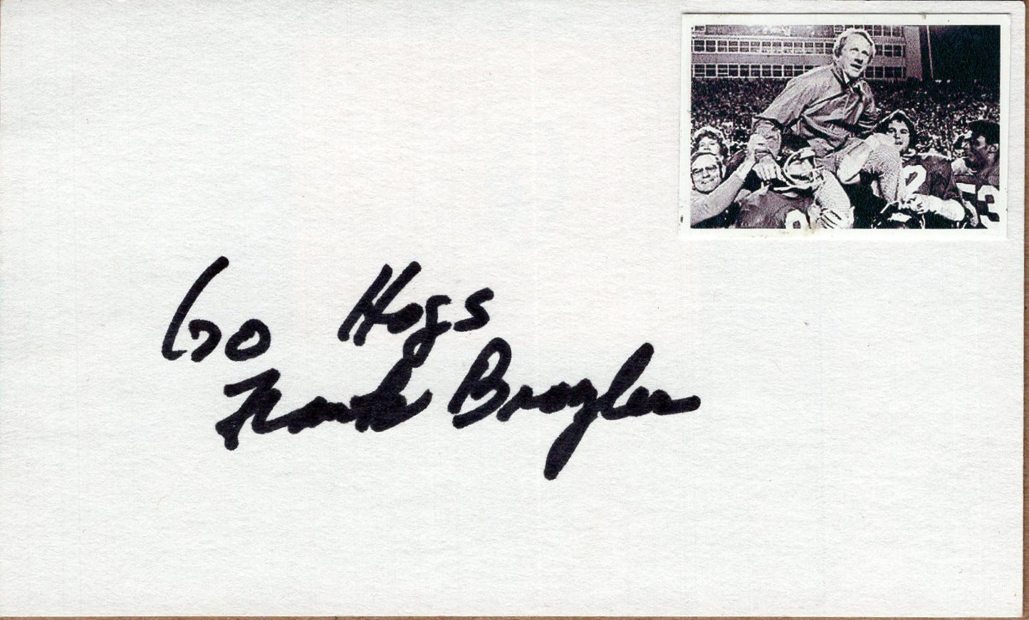 Coach Frank Broyles Go Hogs Inscription Autograph Index Card with Stamp Arkansas Razorbacks Football 3" x 5"