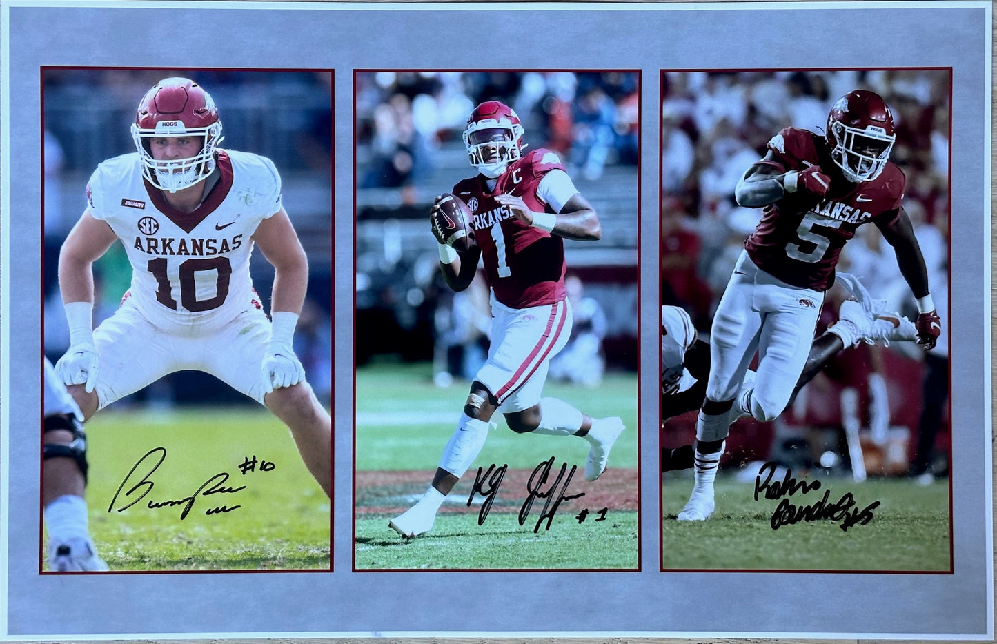 Bumper Pool KJ Jefferson & Raheim "Rocket" Sanders Triple Autograph Photo Arkansas Razorbacks Football 17" x 11"