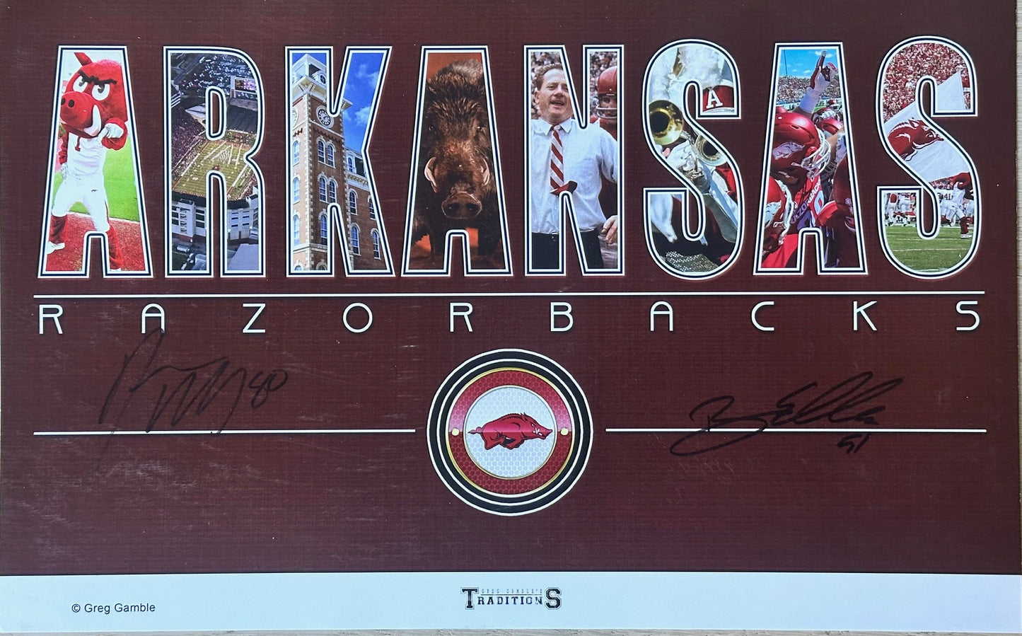 Drew Morgan #80 & Brooks Ellis #51 Dual Autograph Arkansas Razorbacks Football Collage Photo 17.5" x 11"