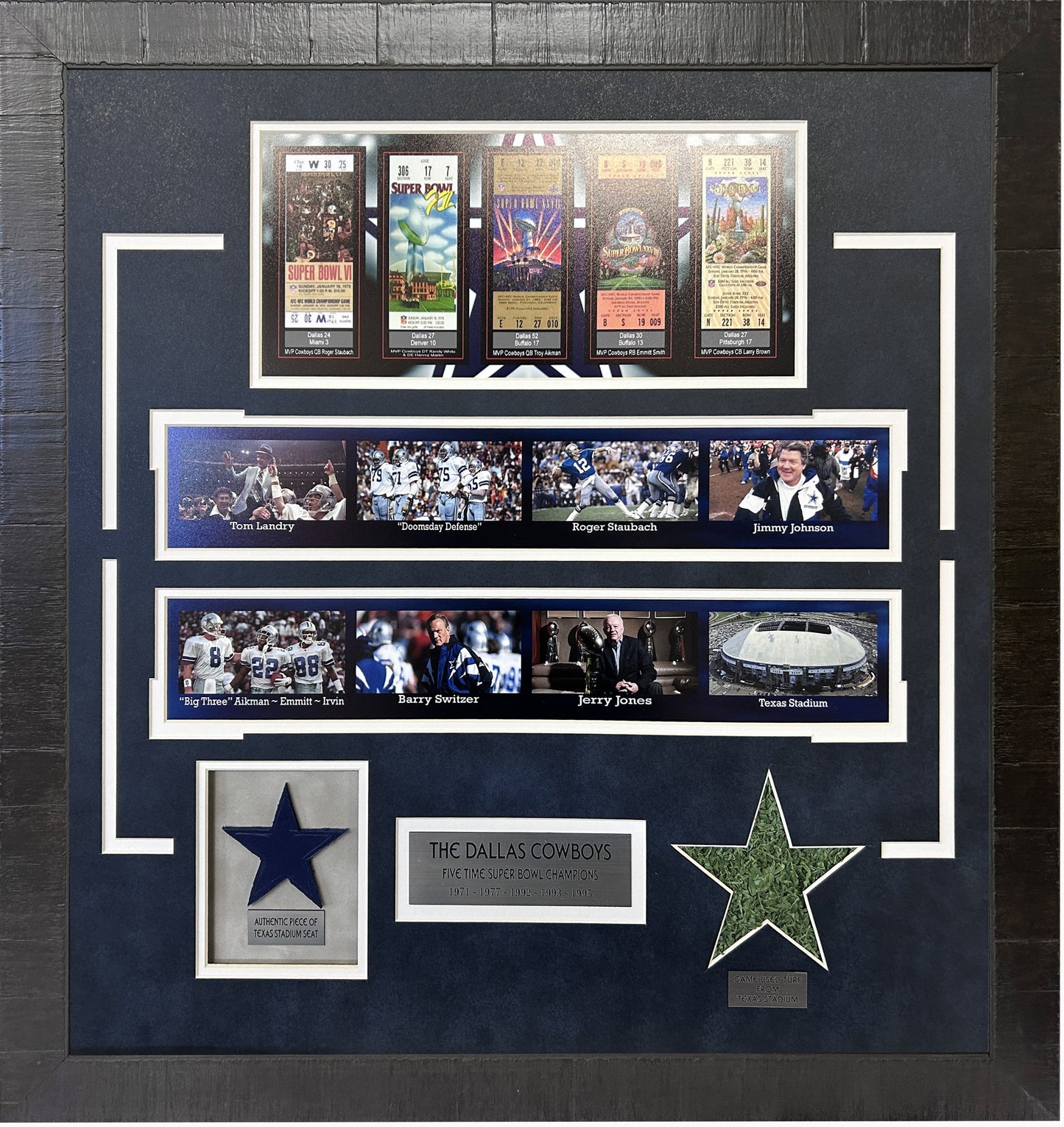 Dallas Cowboys Stadium Seat & Field Turf Framed Art with Replica Super Bowl Ticket Collage