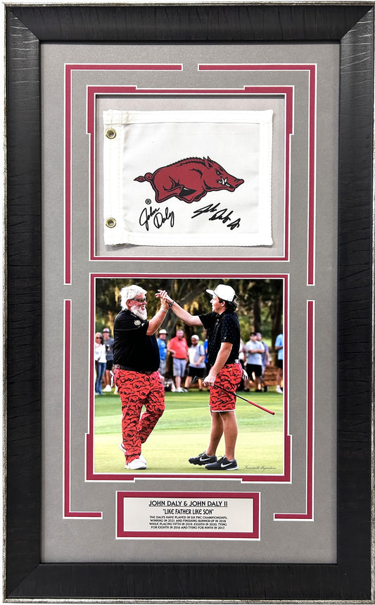 John Daly Sr & John Daly Jr PGA Golf Framed Art 15.5" x 24.5" with Mini Hog Flag and Facsimile Signatures