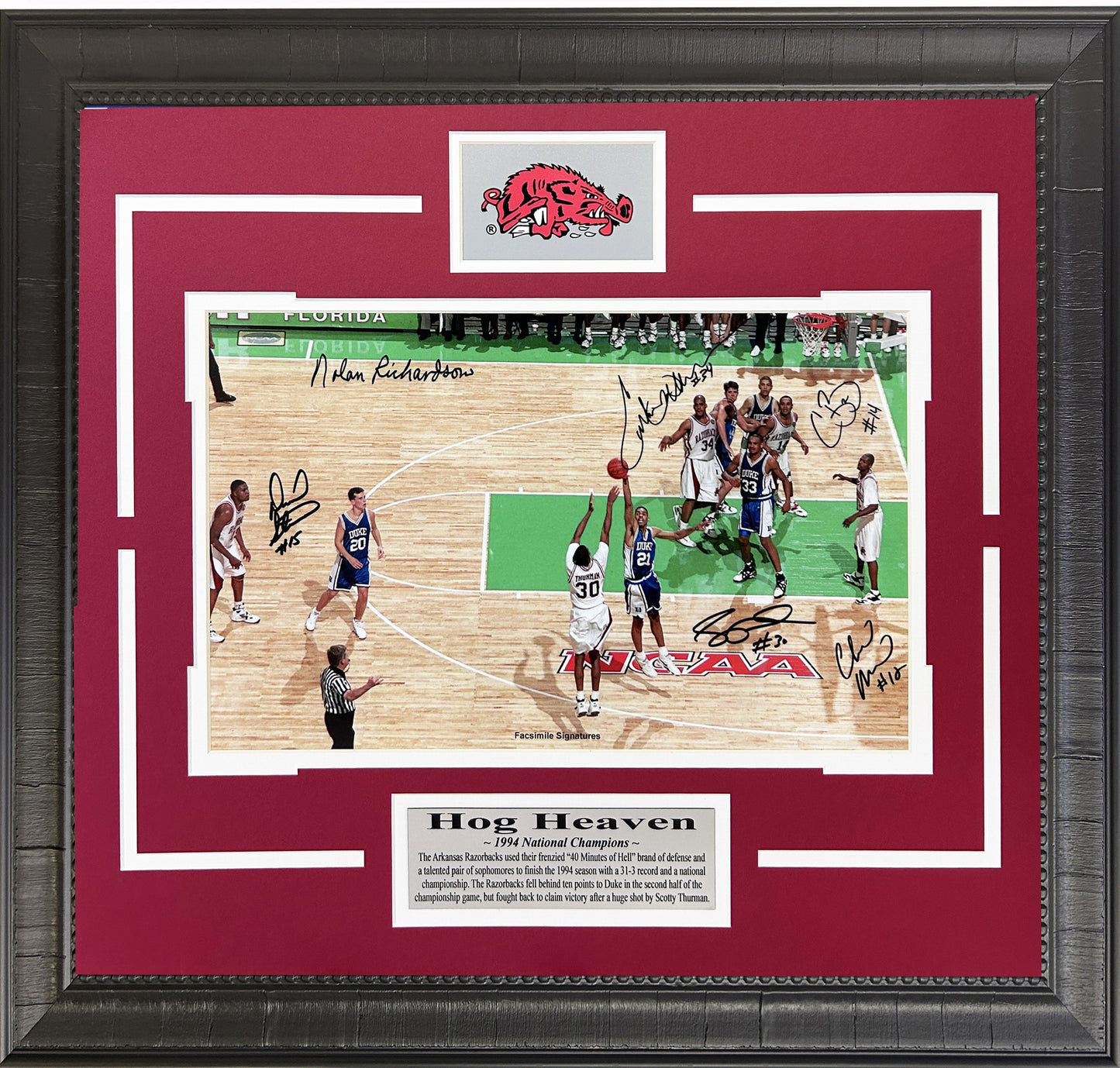 Hog Heaven The Shot Arkansas Razorbacks 1994 National Championship Framed Art 22" x 20.5" with Facsimile Signatures