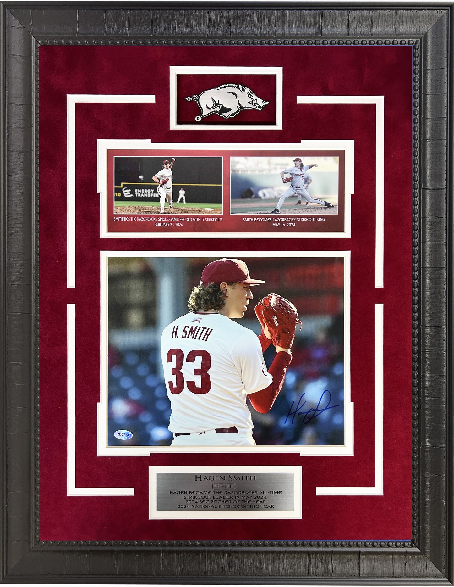 Hagen Smith Autograph Photo Arkansas Razorbacks Baseball Framed Art 18" x 23"