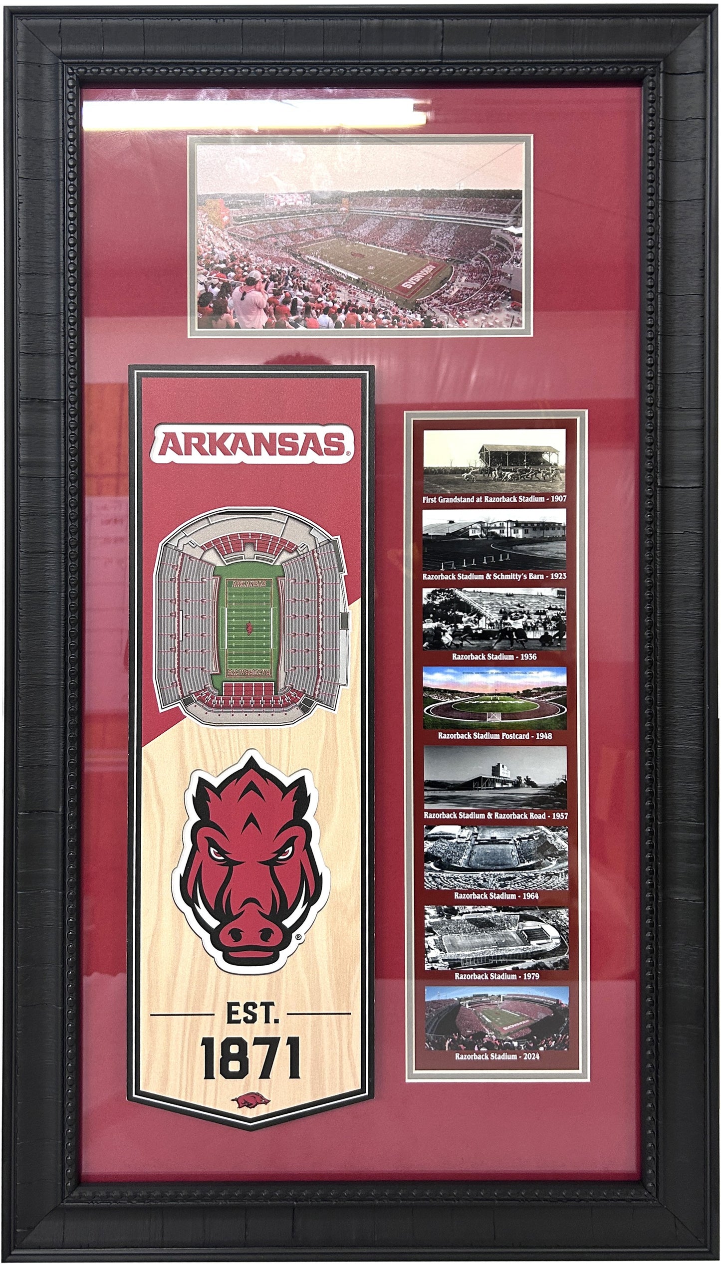 Arkansas Razorbacks 3D Stadium History Banner Framed Art 17" x 31"