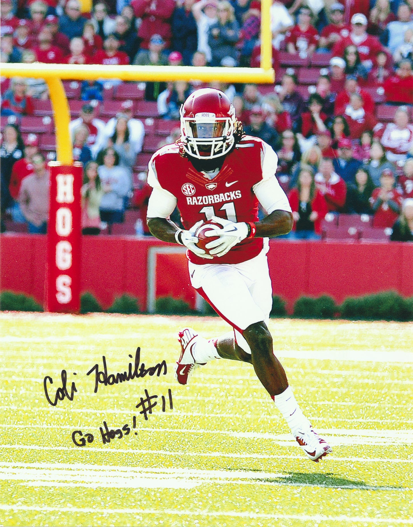 Cobi Hamilton #11 Red Jersey Go Hogs Inscription Autograph Photo Arkansas Razorbacks Football 11" x14"