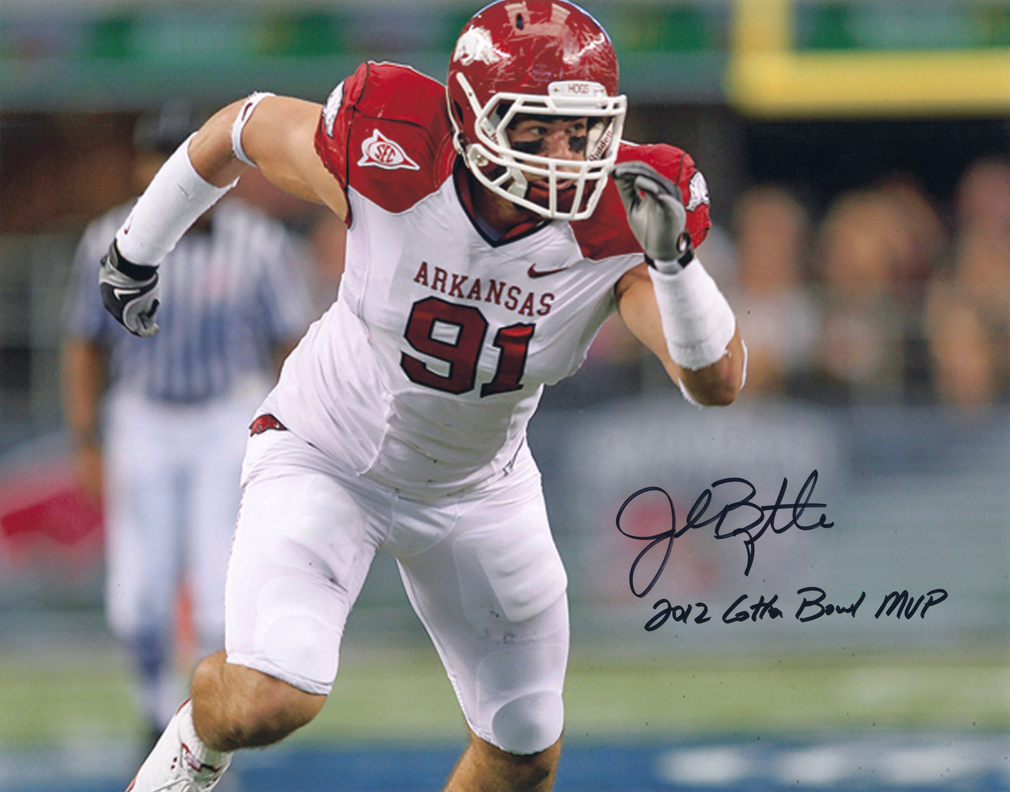 Jake Bequette 2012 Cotton Bowl MVP Inscription Red Jersey Autograph Photo Arkansas Razorbacks Football