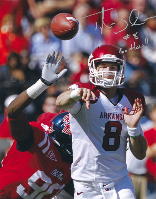 Tyler Wilson #8 White Jersey Go Hogs Inscription Autograph Photo Arkansas Razorbacks Football 11" x14"