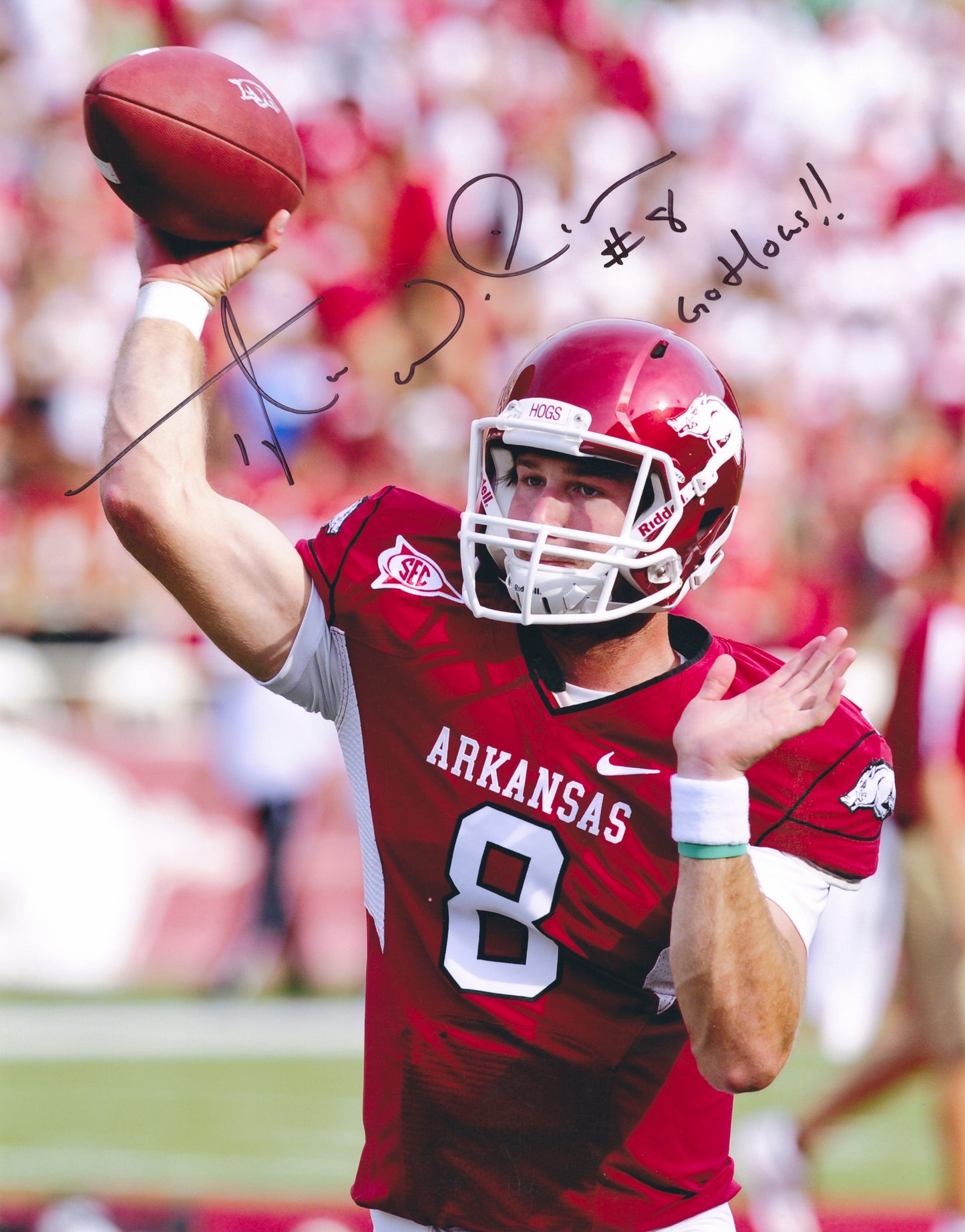 Tyler Wilson #8 Red Jersey Go Hogs Inscription Autograph Photo Arkansas Razorbacks Football 11" x14"