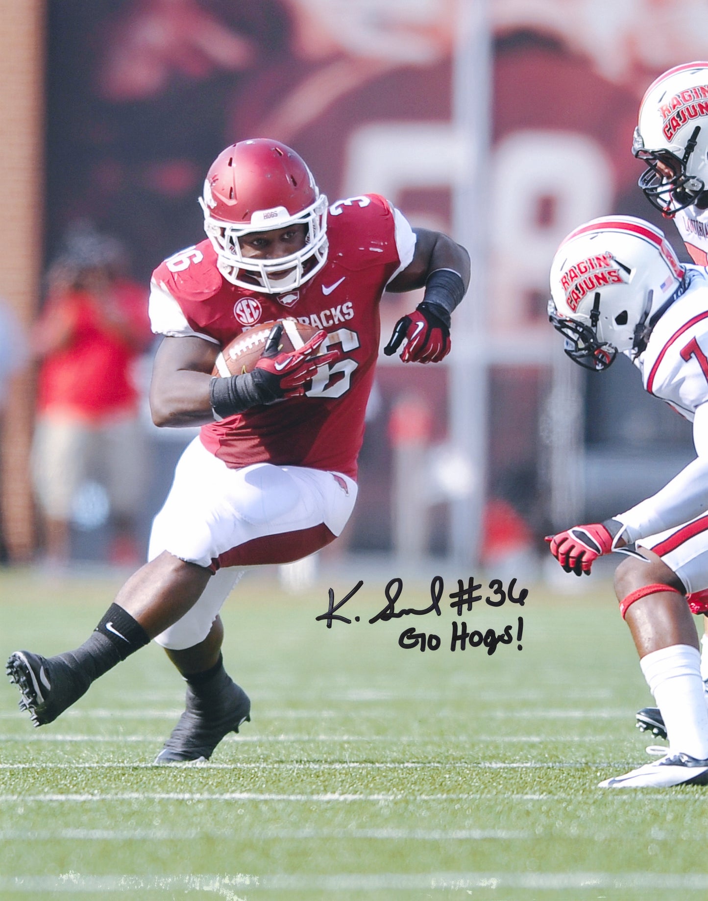 Kiero Small #36 Red Jersey Ragin Cajuns Game Autograph Photo Arkansas Razorbacks Football