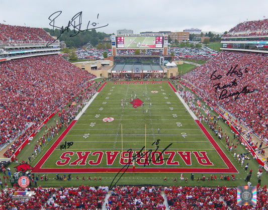 Coach Frank Broyles Bret Bielema & Zach Hocker Triple Autograph Razorback Stadium Photo Arkansas Razorbacks Football 14" x 11"