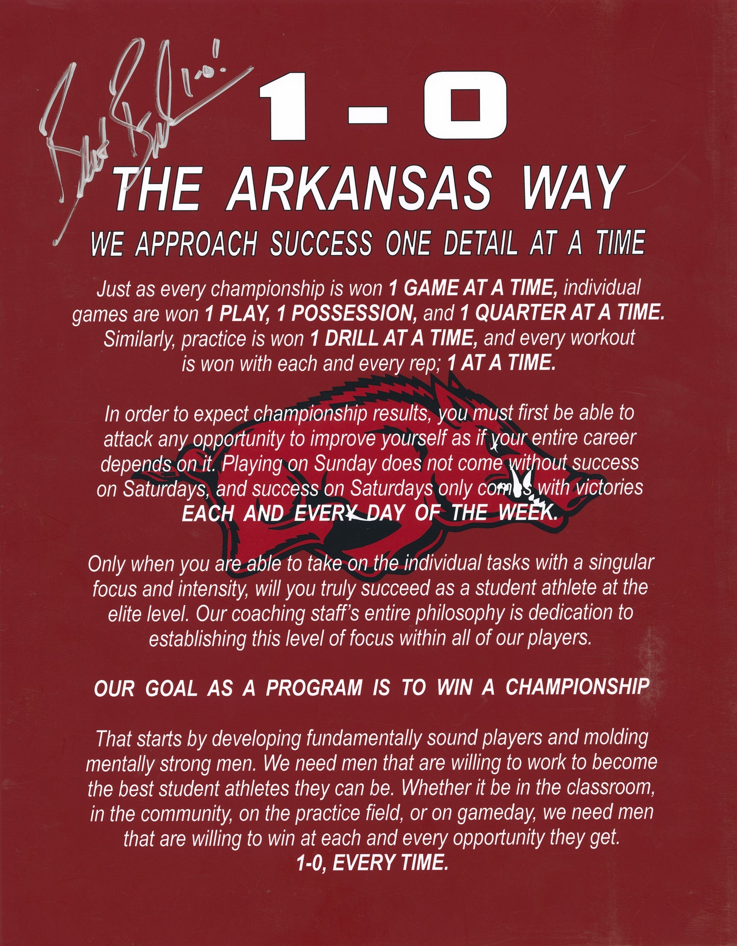 Coach Bret Bielema 1-0 The Arkansas Way Autograph Print Arkansas Razorbacks Football 11" x 14"