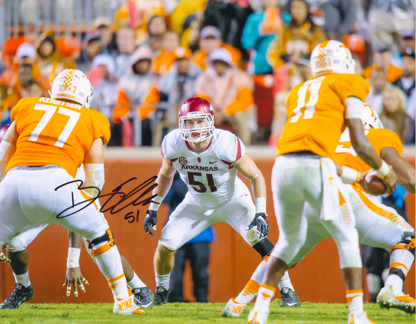 Brooks Ellis #51 White Jersey Tennessee Game Autograph Photo Arkansas Razorbacks Football