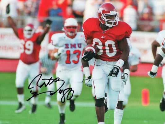 Anthony Lucas #80 Red Jersey SMU Game Autograph Photo Arkansas Razorbacks Football 11" x 8.5"