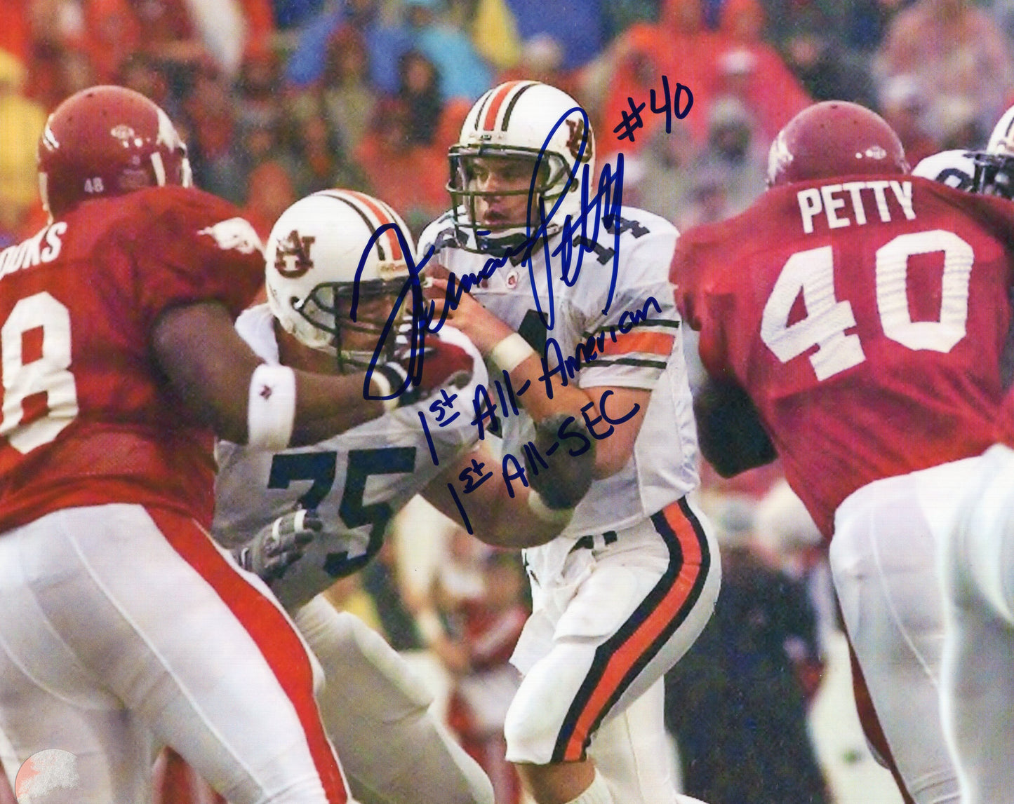 Jermaine Petty #40 Red Jersey Auburn Game Autograph Photo Arkansas Razorbacks Football 10" x 8"