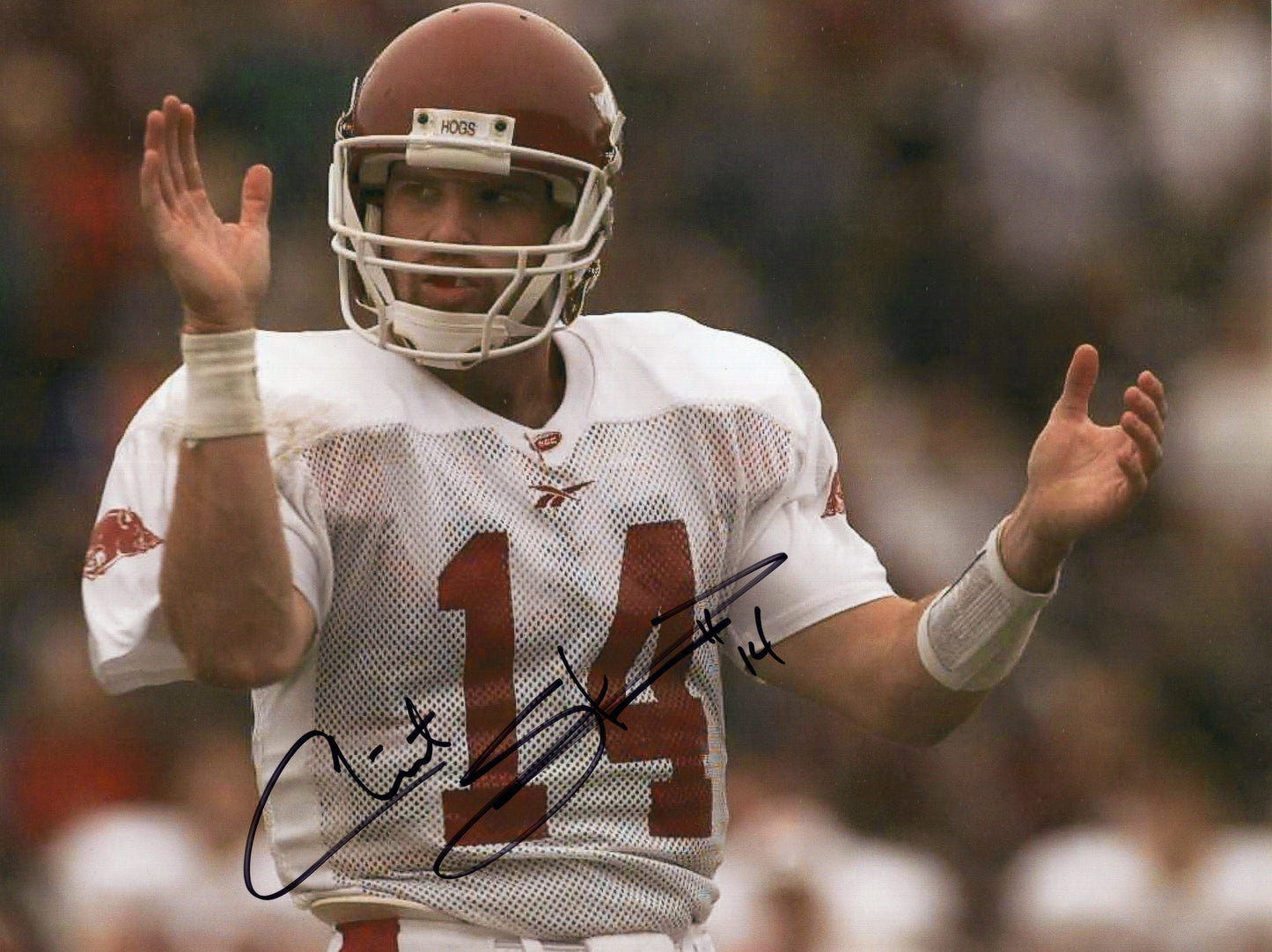 Clint Stoerner #14 White Jersey Clapping Autograph Photo Arkansas Razorbacks Football 11" x 8.5"