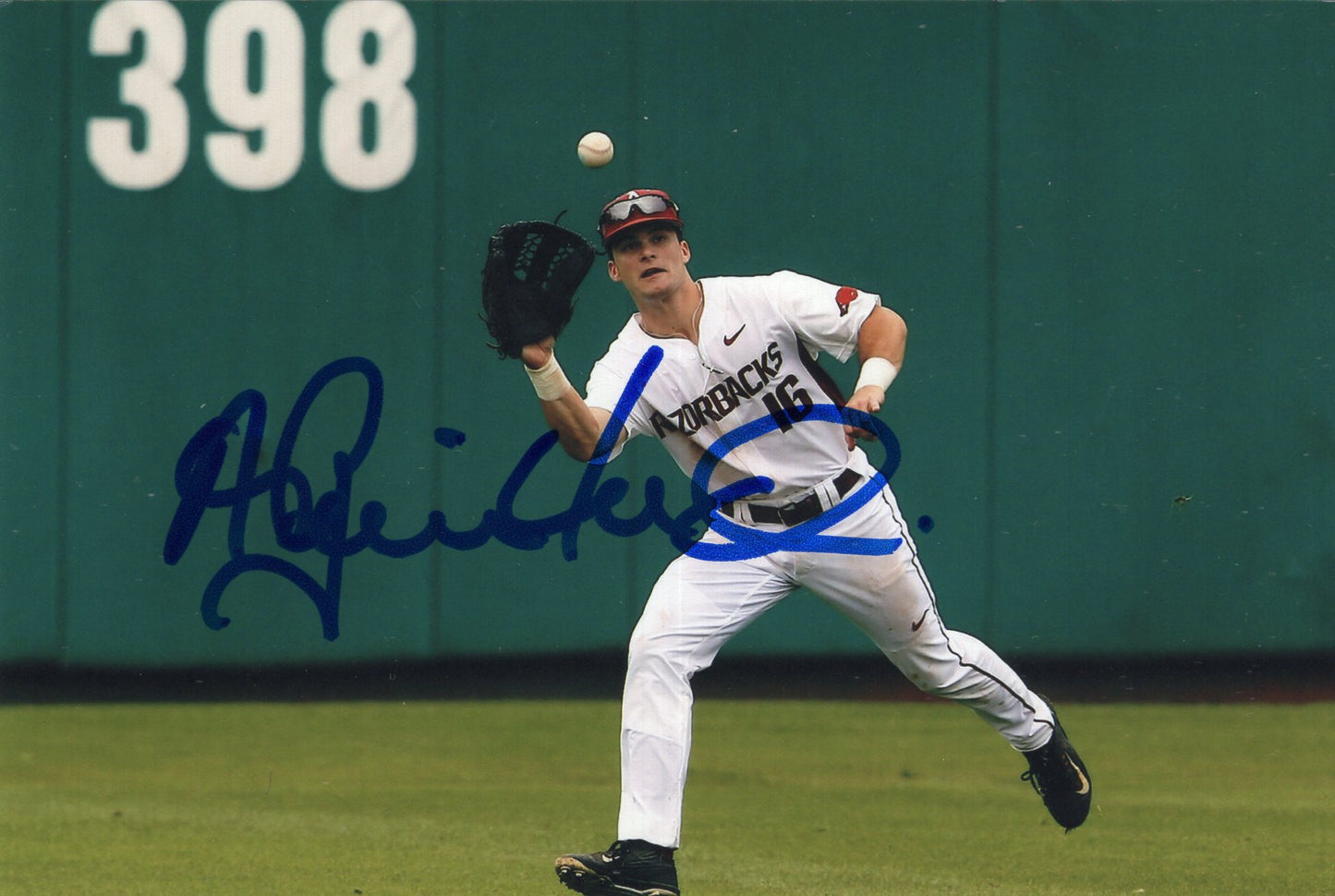 Andrew Benintendi #16 White Jersey Fielding Autograph Photo Arkansas Razorbacks Baseball 4" x 6"