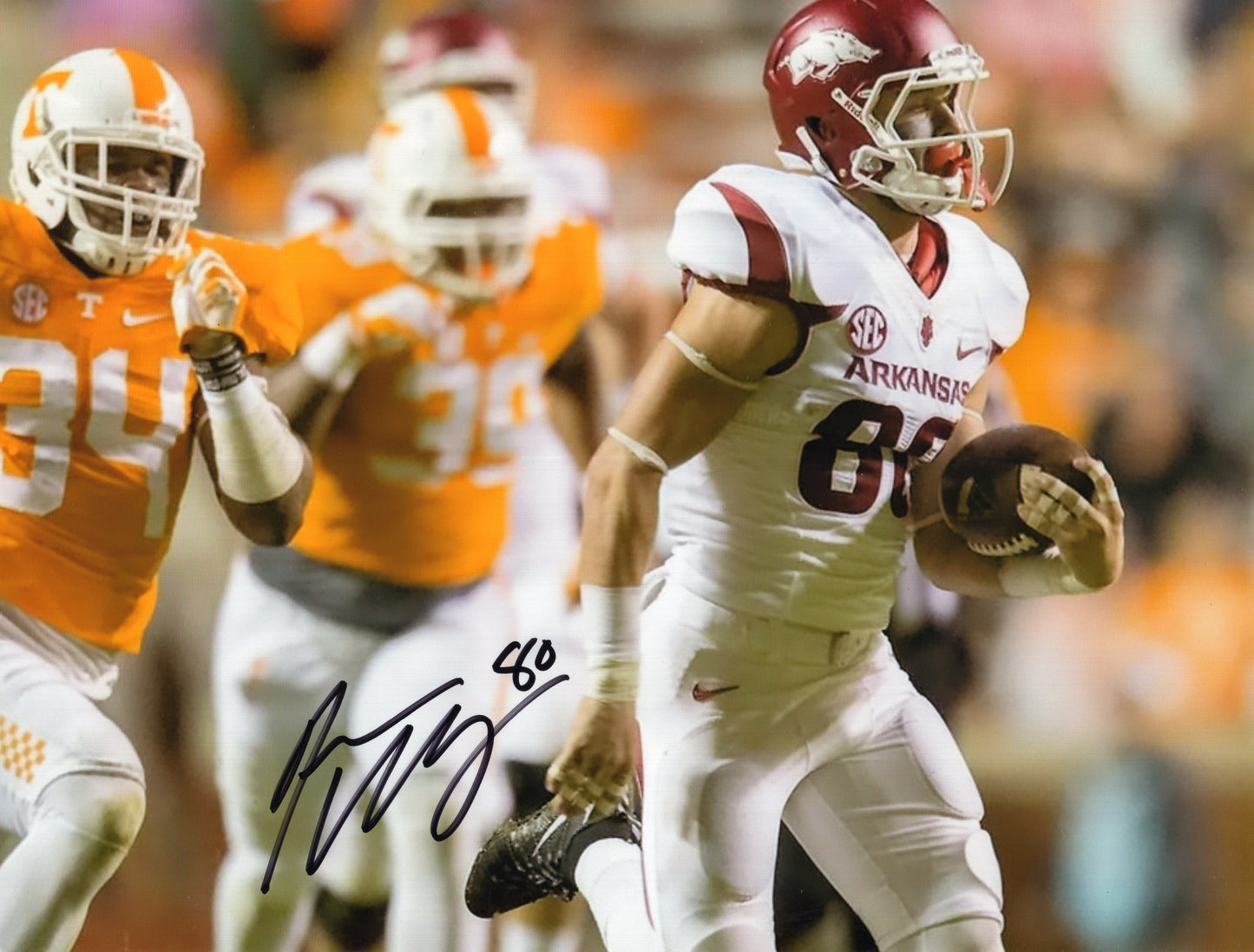 Drew Morgan #80 White Jersey Tennessee Game Autograph Photo Arkansas Razorbacks Football 11" x 8.5"