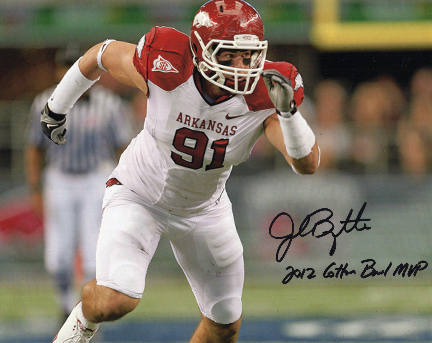 Jake Bequette 2012 Cotton Bowl MVP Inscription Red Jersey Autograph Photo Arkansas Razorbacks Football