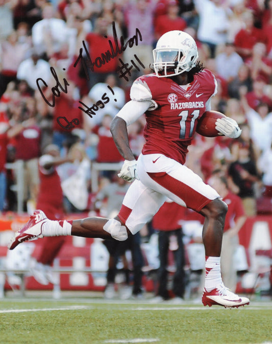 Cobi Hamilton #11 Red Jersey Go Hogs Inscription Autograph Photo Arkansas Razorbacks Football 8.5" x 11"