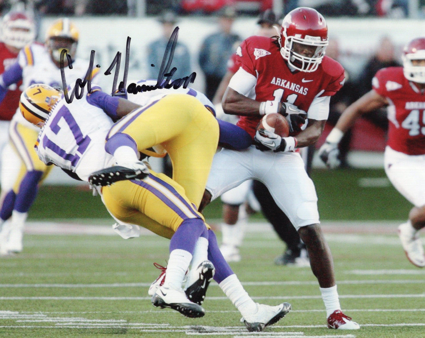 Cobi Hamilton Red Jersey LSU Game Autograph Photo Arkansas Razorbacks Football 11" x 8.5"