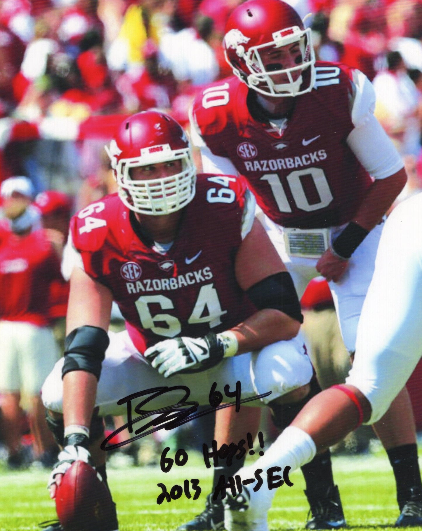 Travis Swanson #64 Go Hogs 2013 All-SEC Inscription Autograph Photo Arkansas Razorbacks Football 8" x 10"