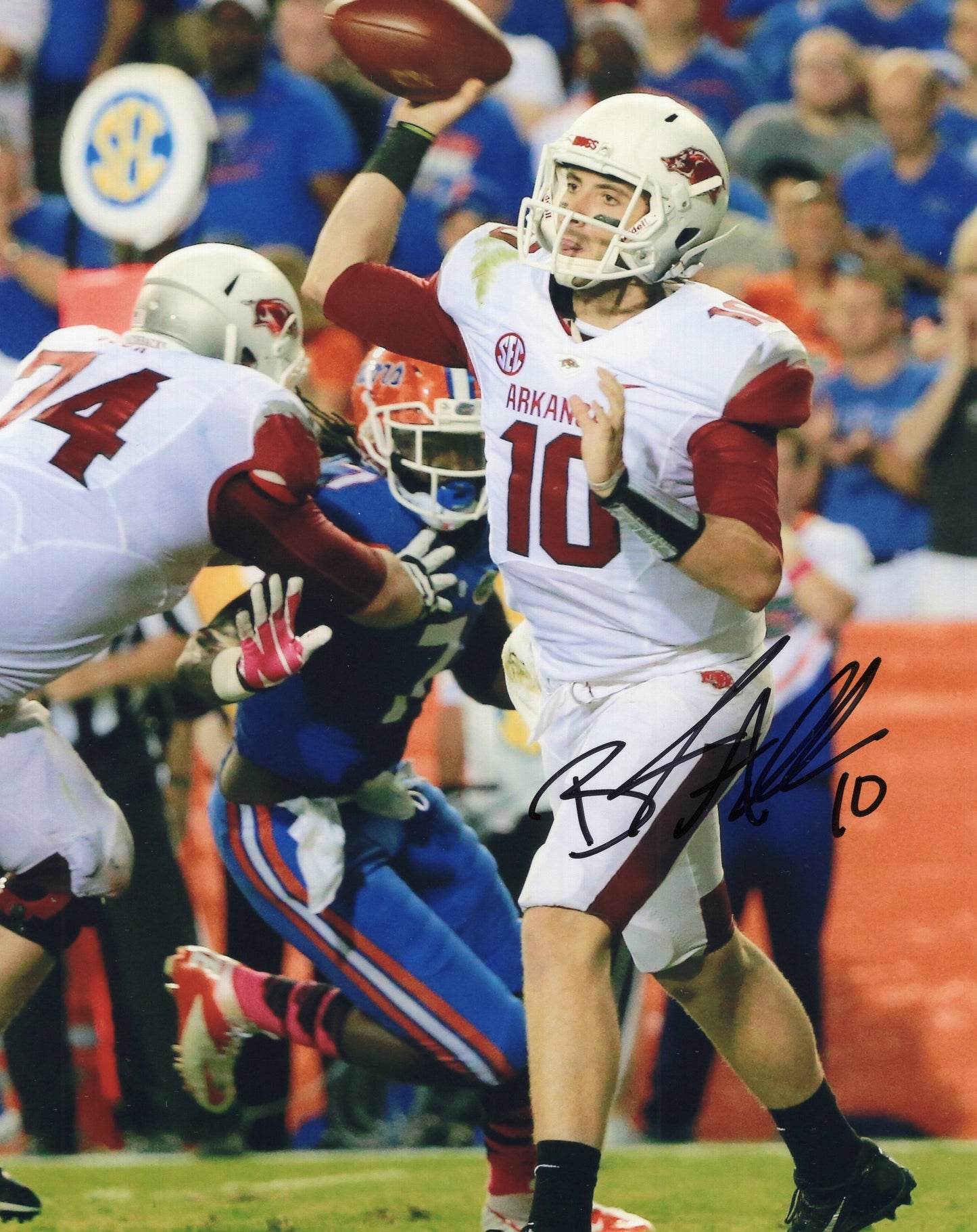 Brandon Allen #10 White Jersey Florida Game Autograph Photo Arkansas Razorbacks Football 8" x 10"