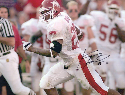 Kenoy Kennedy #29 White Jersey Autograph Photo Arkansas Razorbacks Football 11" x 8.5"