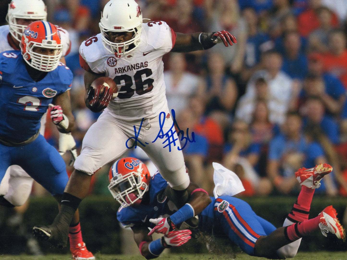 Kiero Small #36 White Jersey Florida Game Autograph Photo Arkansas Razorbacks Football 11" x 8.5"