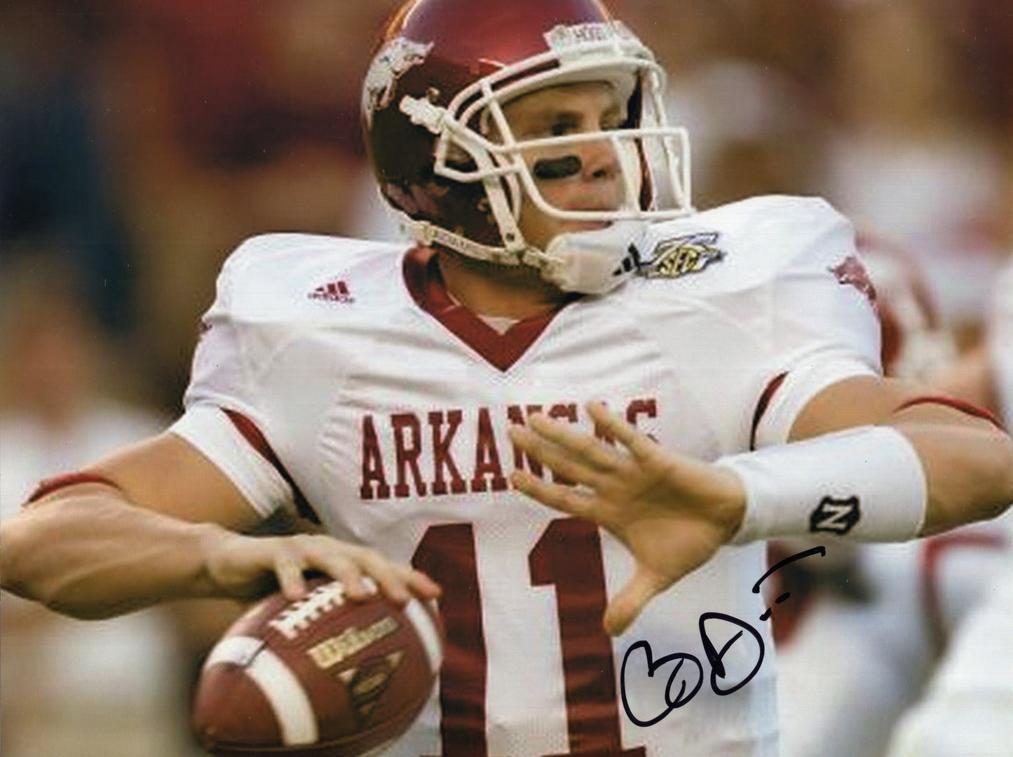 Casey Dick #11 White Jersey Autograph Photo Arkansas Razorbacks Football 11" x 8.5"