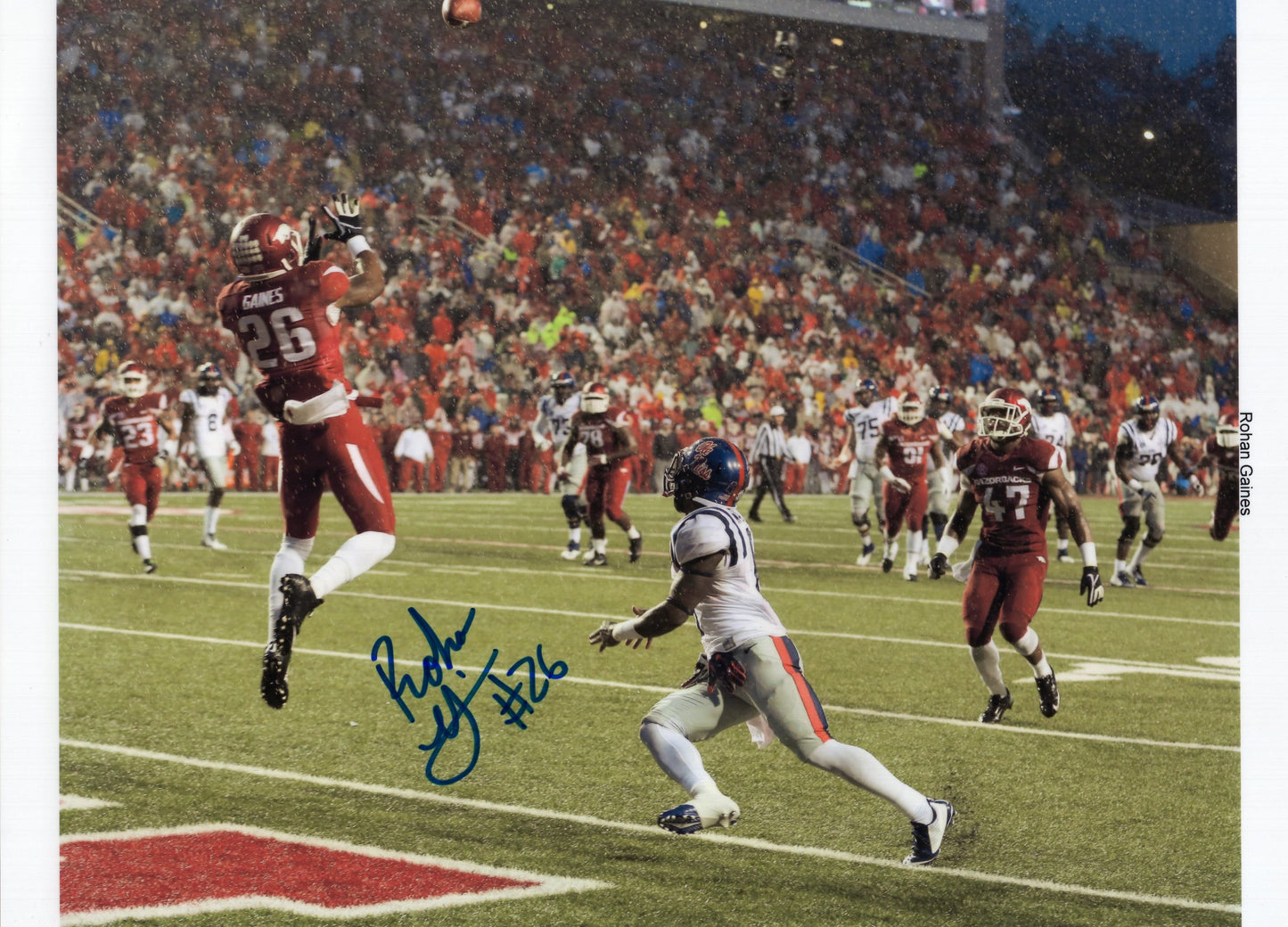 Rohan Gaines #26 Red Jersey Ole Miss Game Autograph Photo Arkansas Razorbacks Football 11" x 8.5"