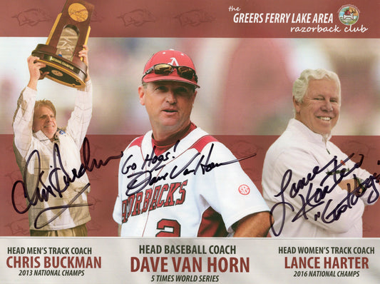 Coach Dave Van Horn Lance Harter Chris Buckman Triple Autograph Photo Arkansas Razorbacks 11" x 8.5"