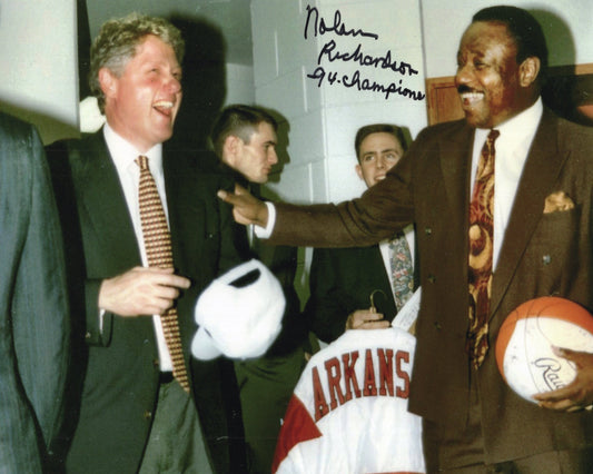 Coach Nolan Richardson 94 Champions Inscription Autograph Photo with President Bill Clinton Arkansas Razorbacks Men's Basketball 11" x 8.5"