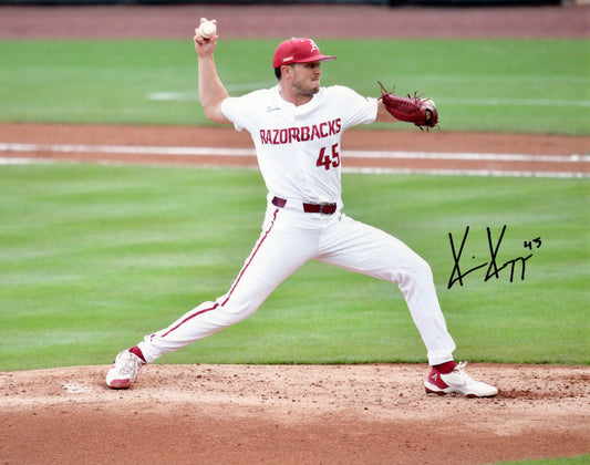 Kevin Kopps #45 White Jersey Autograph Photo Arkansas Razorbacks Baseball 11" x 8.5"