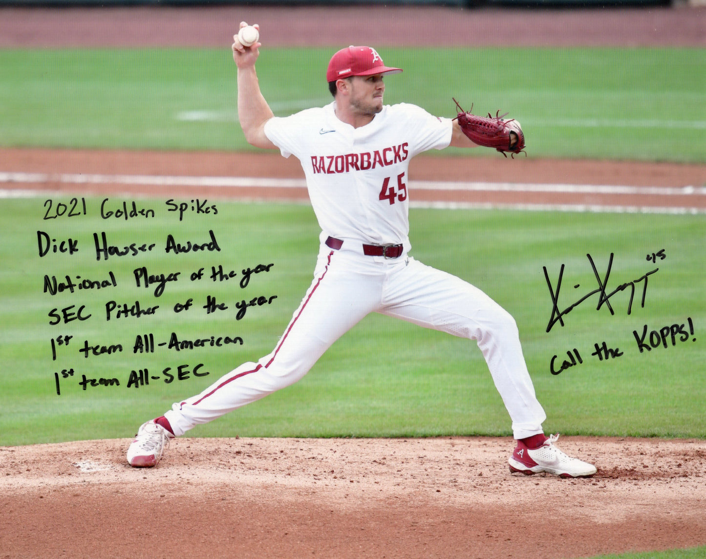 Kevin Kopps #45 White Jersey Call The Kopps Inscription Autograph Photo Arkansas Razorbacks Baseball 11" x 8.5"