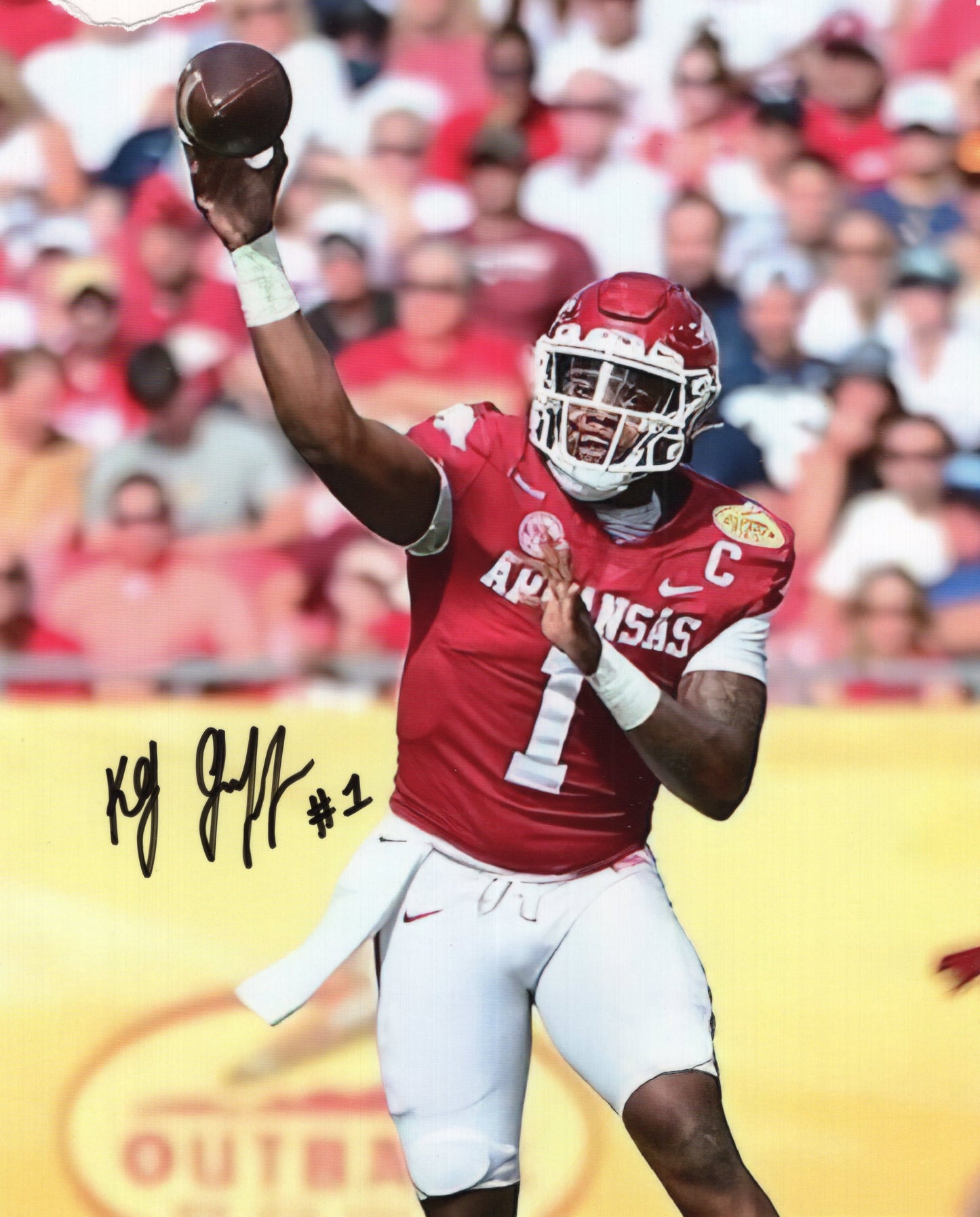 KJ Jefferson #1 Red Jersey Autograph Photo Arkansas Razorbacks Football 8.5" x 11"