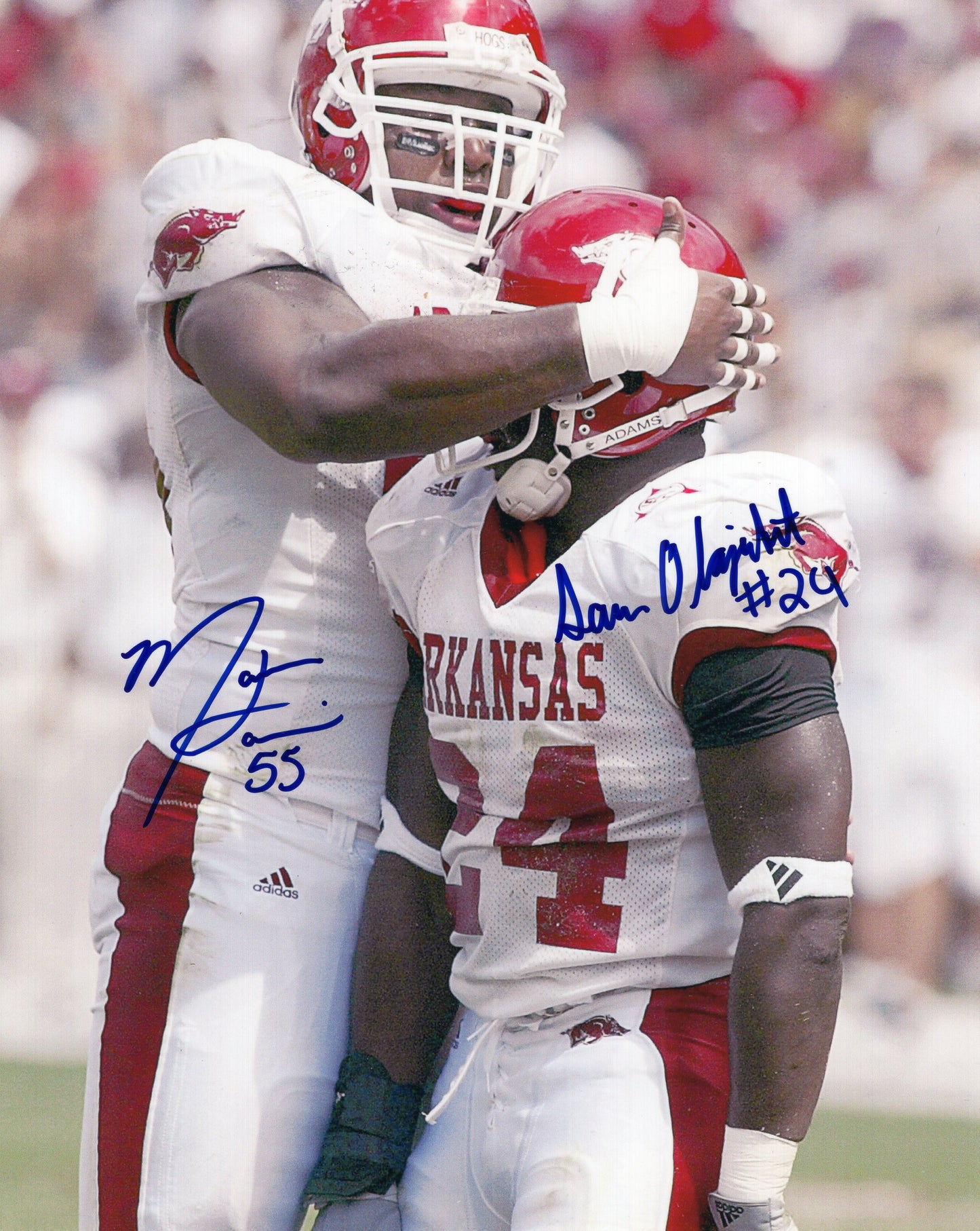 Marcus Harrison #55 & Sam Olajabutu #24 Dual Autograph Photo Arkansas Razorbacks Football 8" x 10"