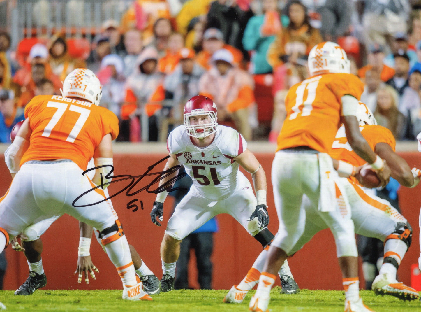 Brooks Ellis #51 White Jersey Tennessee Game Autograph Photo Arkansas Razorbacks Football