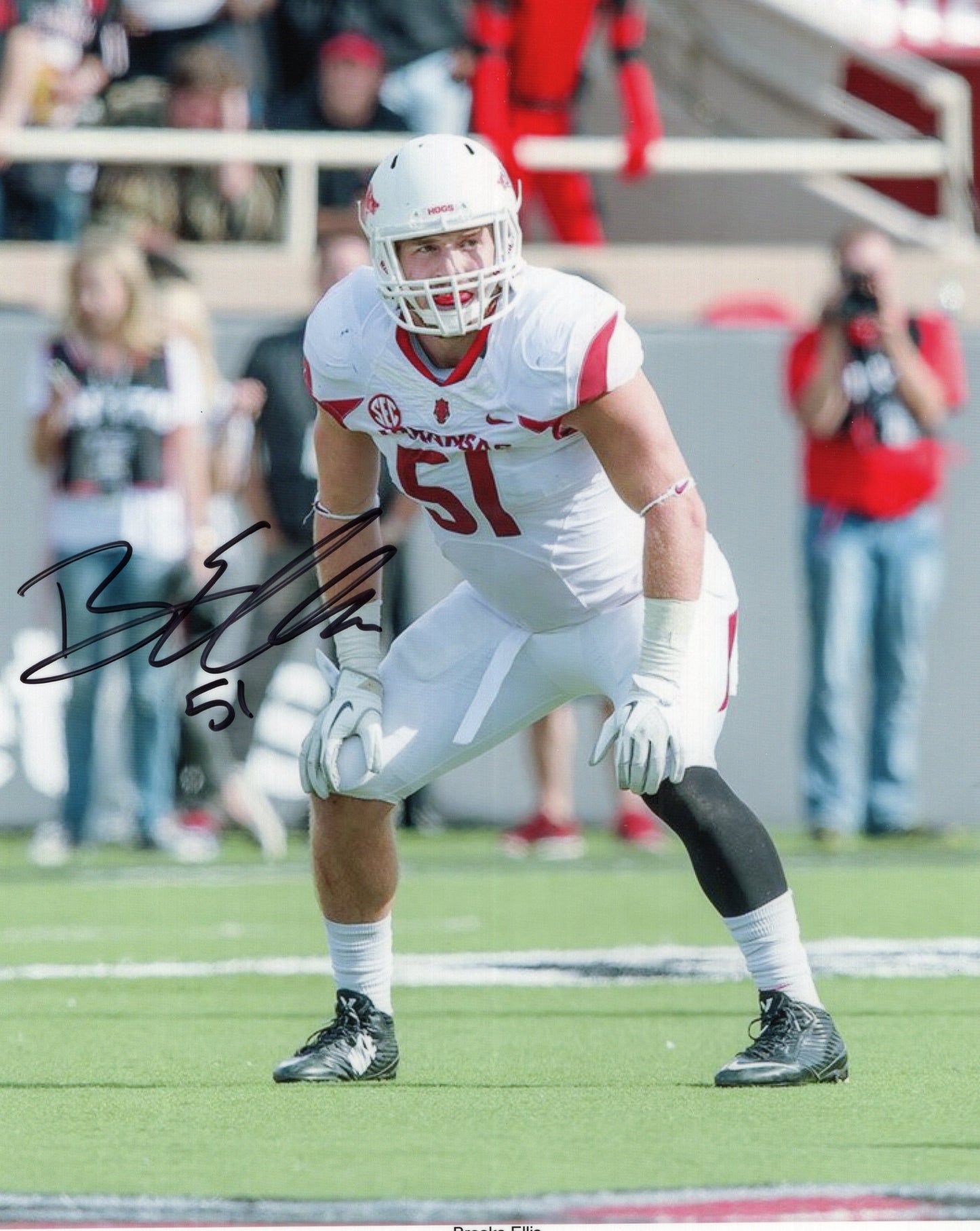 Brooks Ellis #51 White Jersey Autograph Photo Arkansas Razorbacks Football 8.5" x 11"