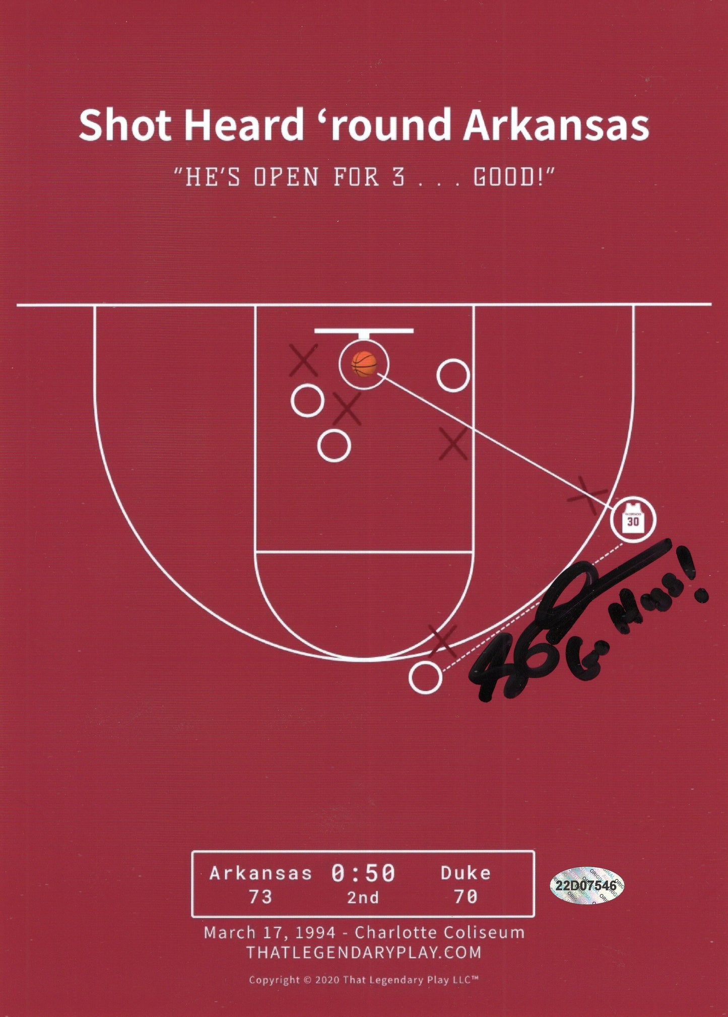 Scotty Thurman Autograph Shot Heard 'Round Arkansas Print Go Hogs Inscription Arkansas Razorbacks Men's Basketball 8.5" x 11"