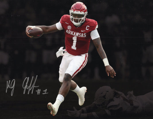 KJ Jefferson #1 Red Jersey Black Background Autograph Photo Arkansas Razorbacks Football 11" x 8.5"