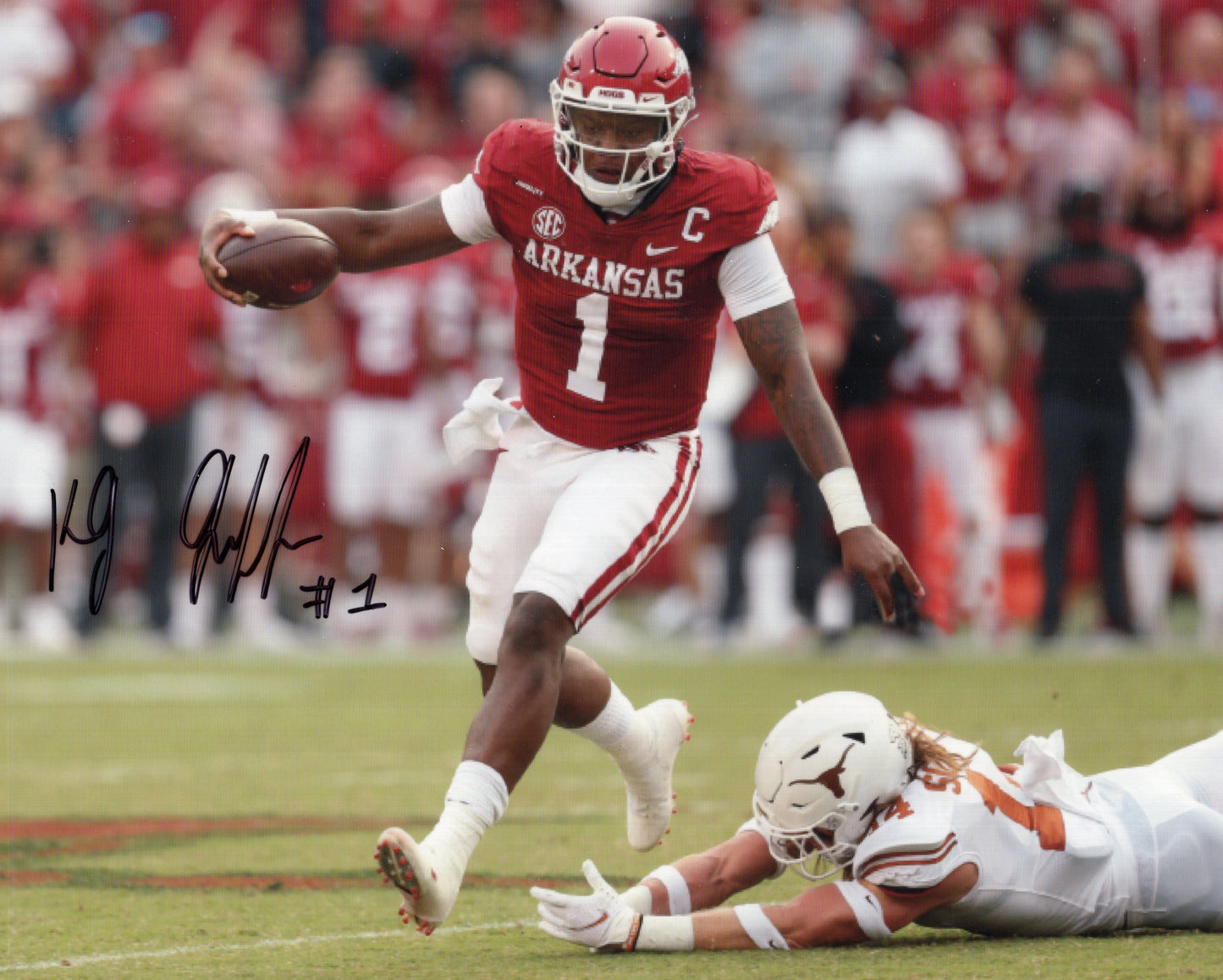 KJ Jefferson #1 Red Jersey Texas Game Horns Down Autograph Photo Arkansas Razorbacks Football 11" x 8.5"