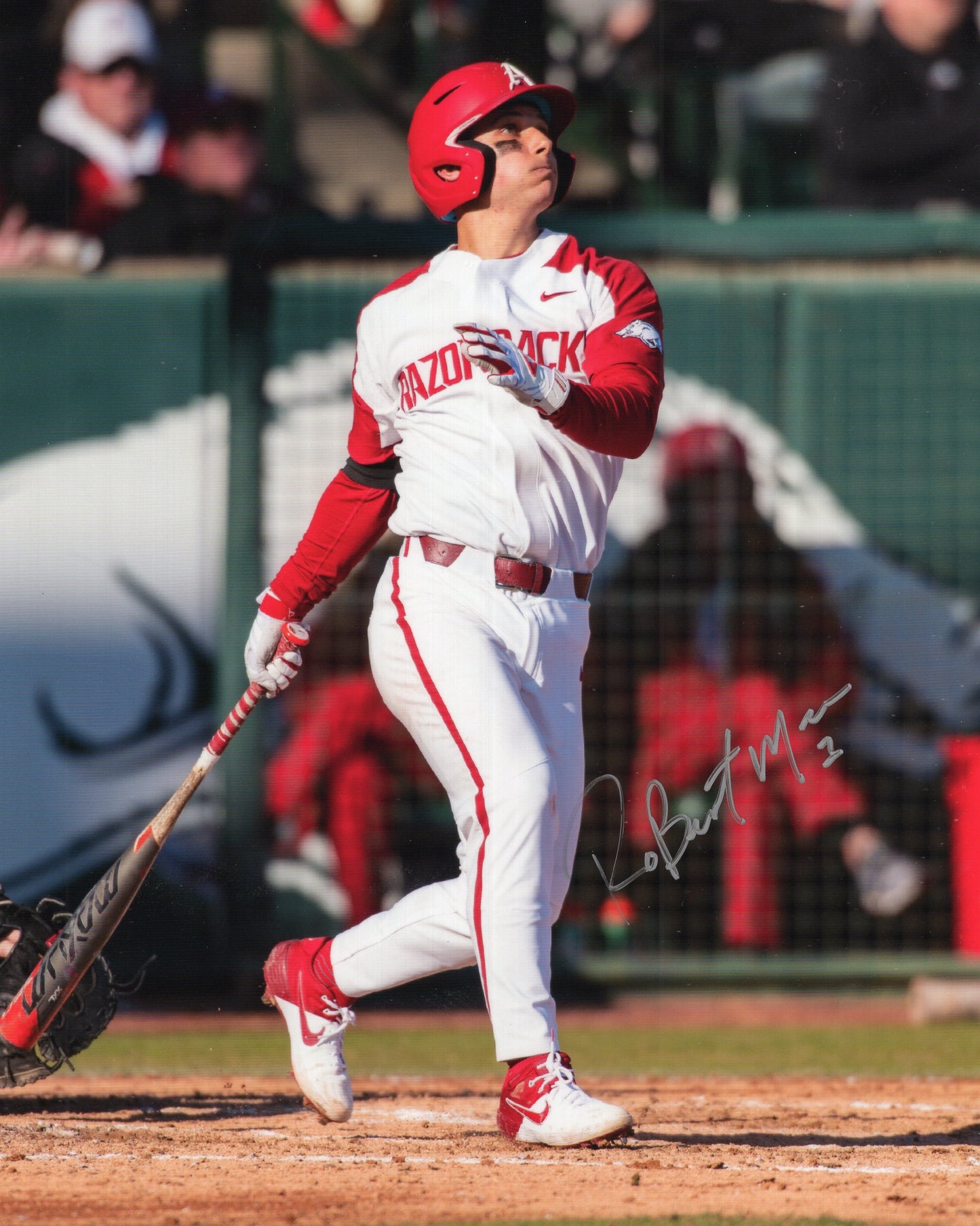 Robert Moore #1 White Jersey Autograph Photo Arkansas Razorbacks Baseball 8.5" x 11"