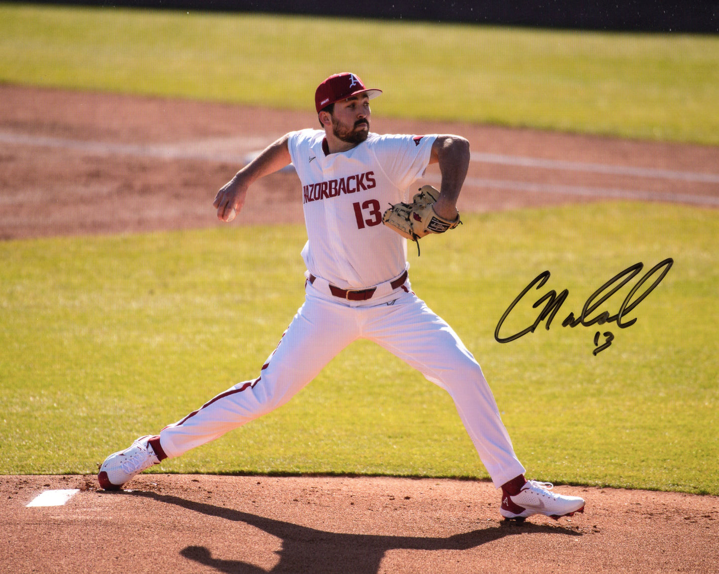 Connor Noland #13 White Jersey Pitching Autograph Photo Arkansas Razorbacks Baseball 11" x 8.5"