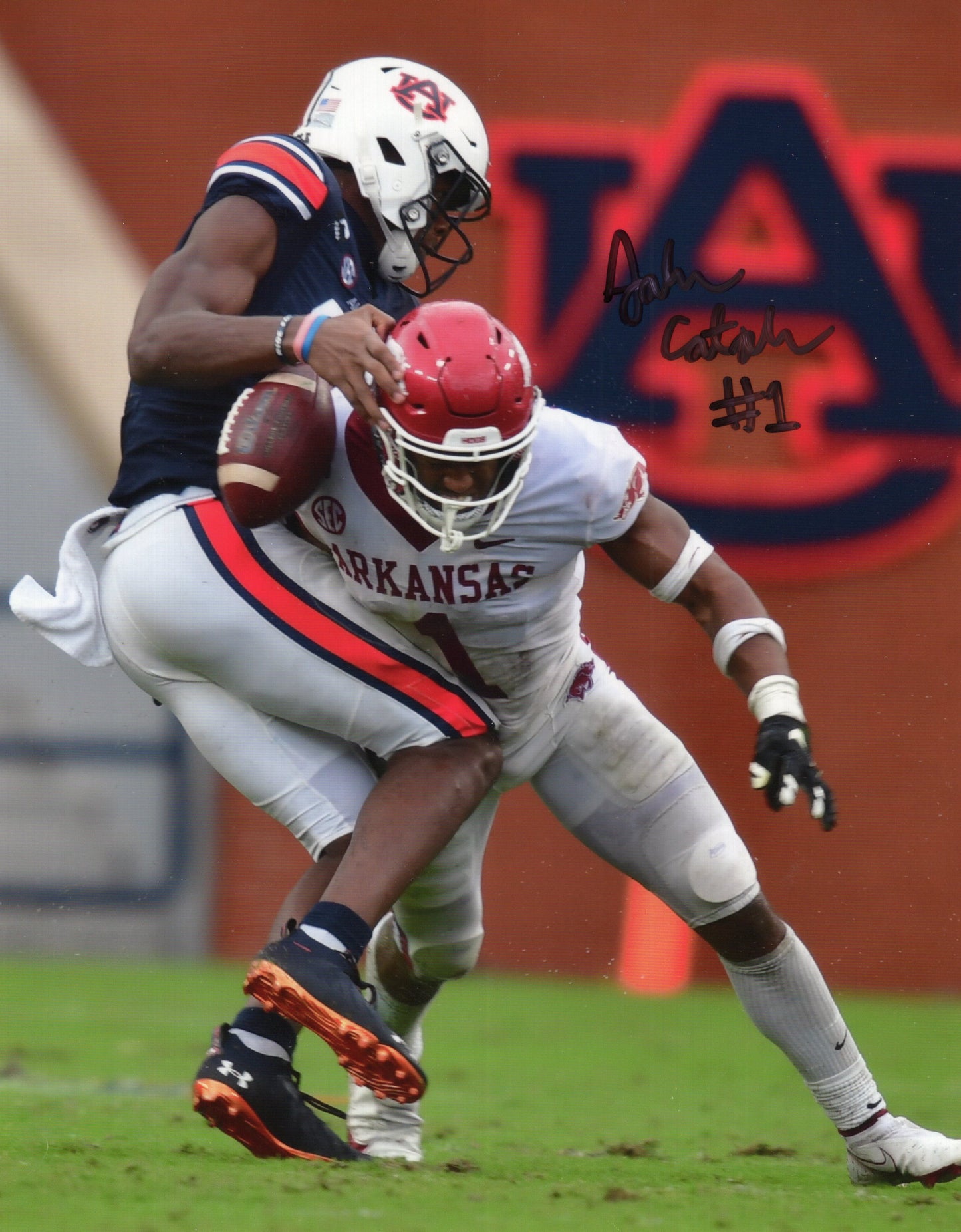 Jalen Catalon #1 White Jersey Autograph Photo Arkansas Razorbacks Football 8.5" x 11"