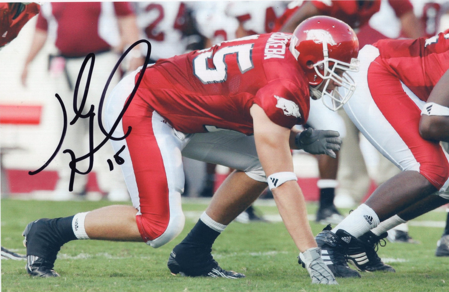 Jeb Huckeba #15 Red Jersey Autograph Photo Arkansas Razorbacks Football 8.5" x 5.25"