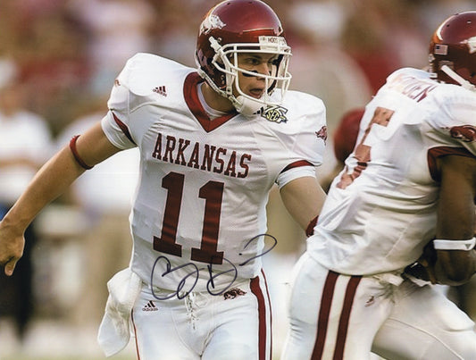 Casey Dick #11 White Jersey Handing Off Autograph Photo Arkansas Razorbacks Football 11" x 8.5"