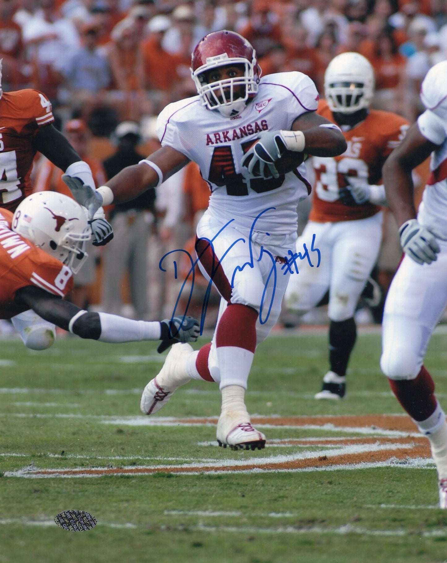 DJ Williams #45 White Jersey Autograph Photo Arkansas Razorbacks Football 8" x 10"