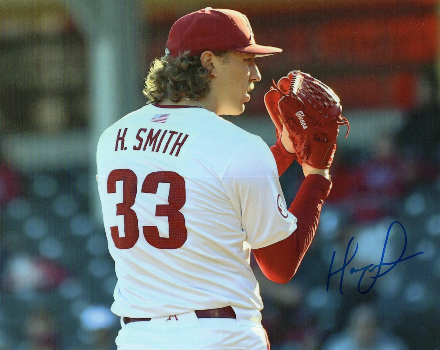 Hagen Smith White Jersey Autograph Photo Arkansas Razorbacks Baseball 10" x 8"