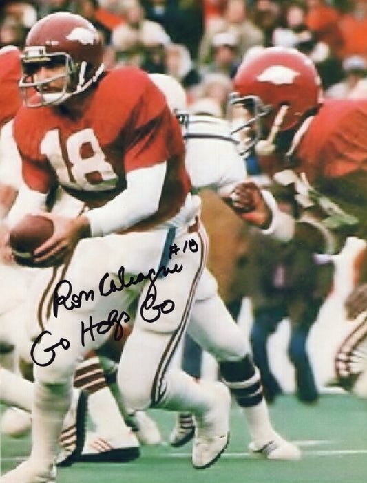 Ron Calcagni #18 Go Hogs Go Inscription Autograph Photo Arkansas Razorbacks Football 8.5" x 11"